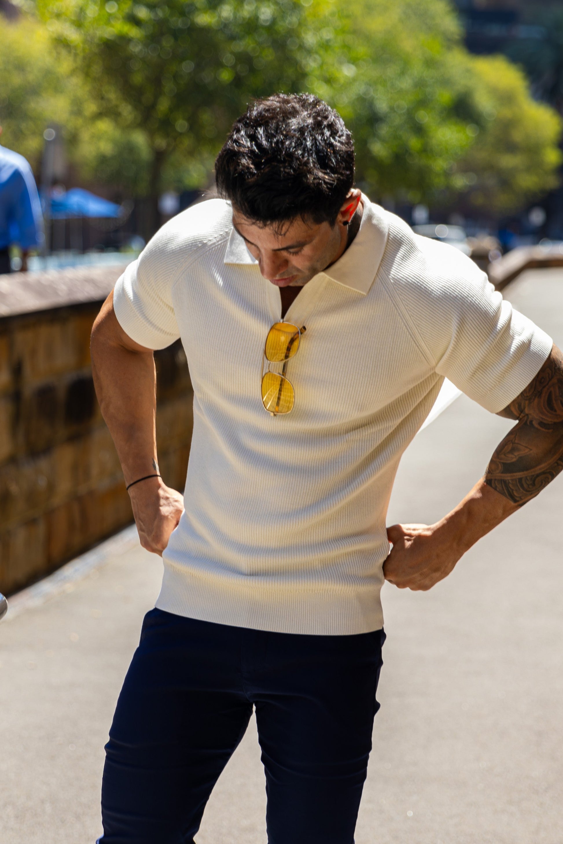 Ribbed Knit Silk Polo Shirt Off-White - Tailored Slim Fit - Don Milyon