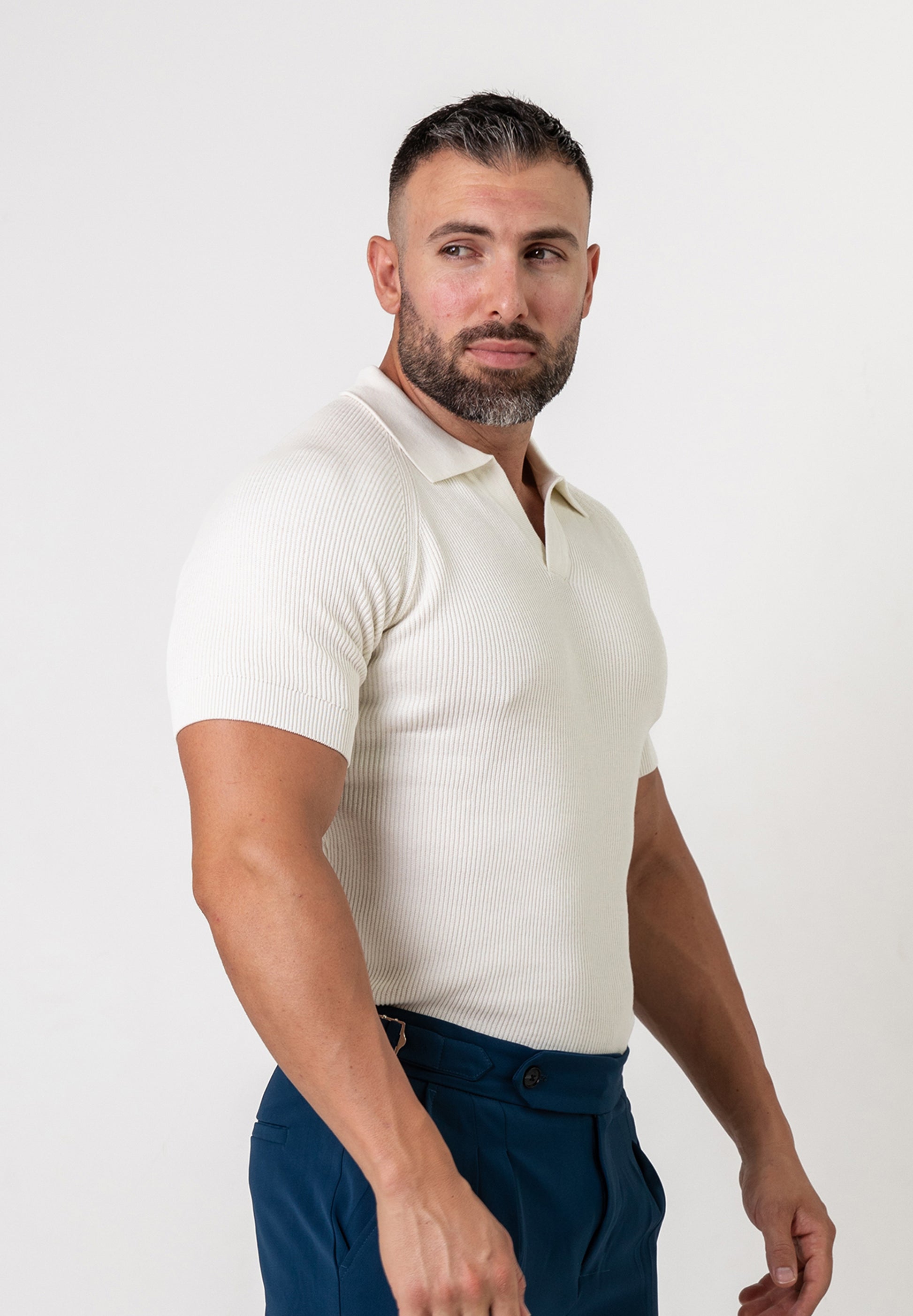 Ribbed Knit Silk Polo Shirt Off-White - Tailored Slim Fit - Don Milyon