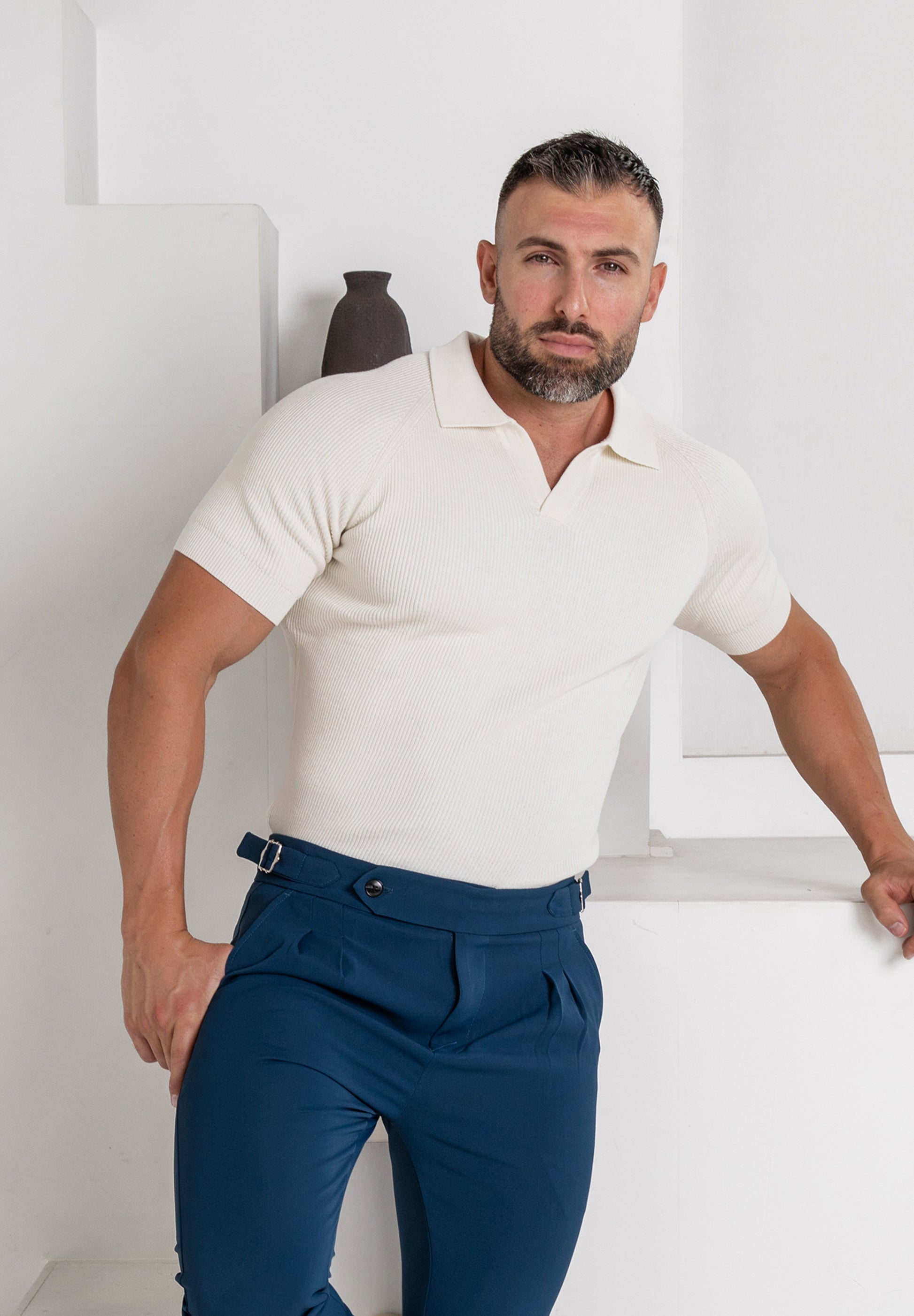 Ribbed Knit Silk Polo Shirt Off-White - Tailored Slim Fit - Don Milyon