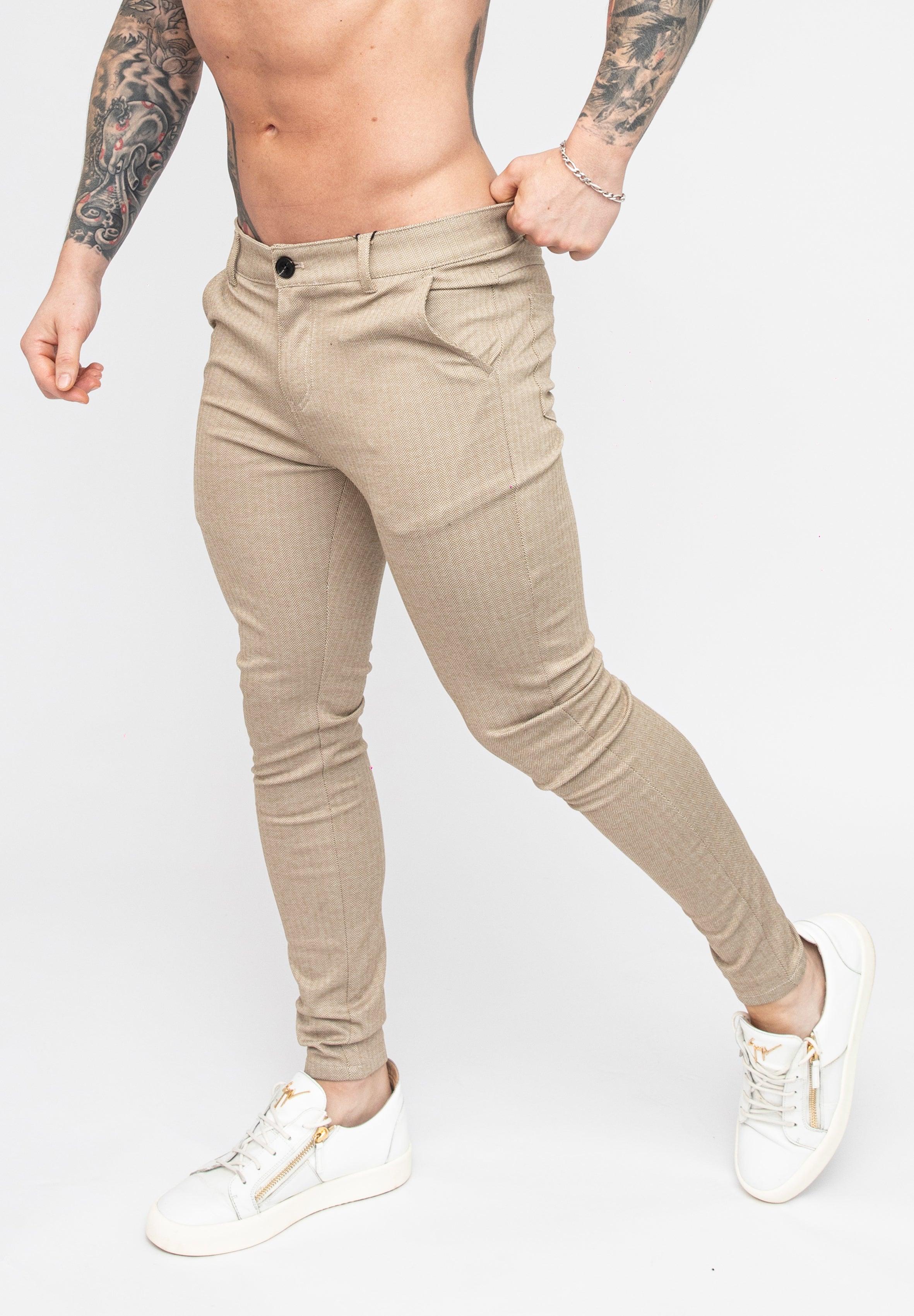 Beige Skinny Fit Stretch Men's Chino Pants Angle Pose