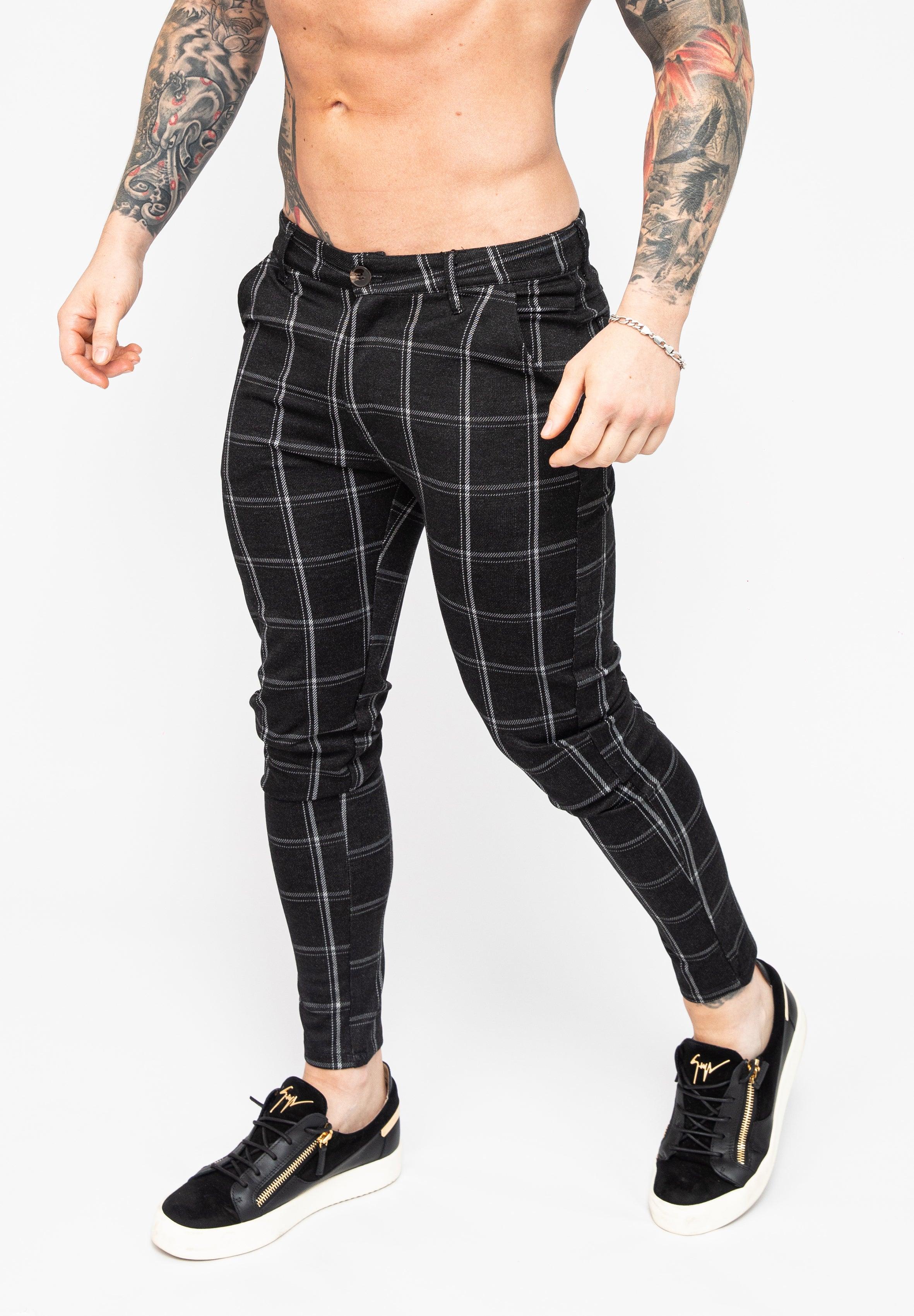 Black Skinny Fit Stretch Men's Check Pattern Chino Pants Angle