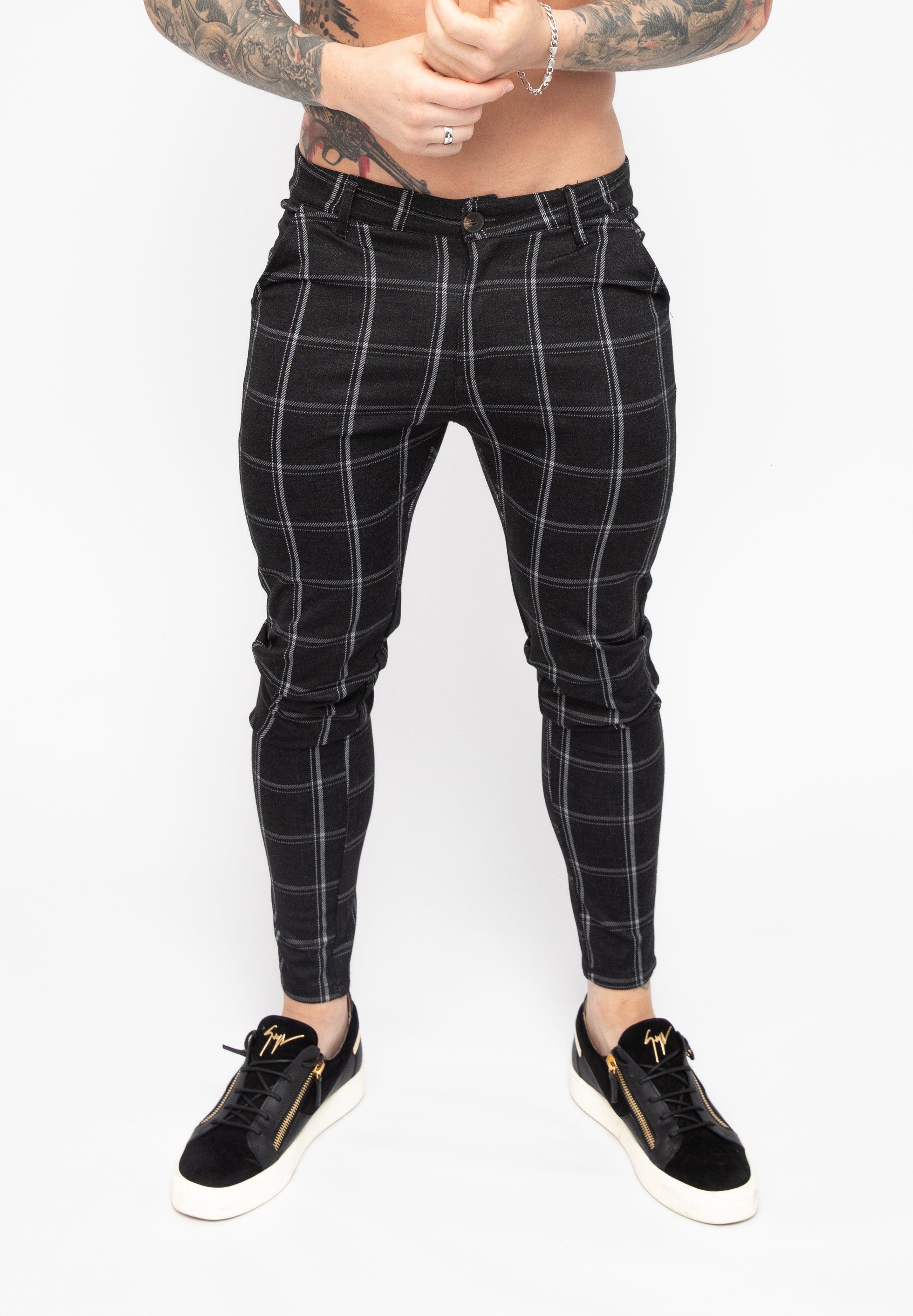Black Skinny Fit Stretch Men's Check Pattern Chino Pants
