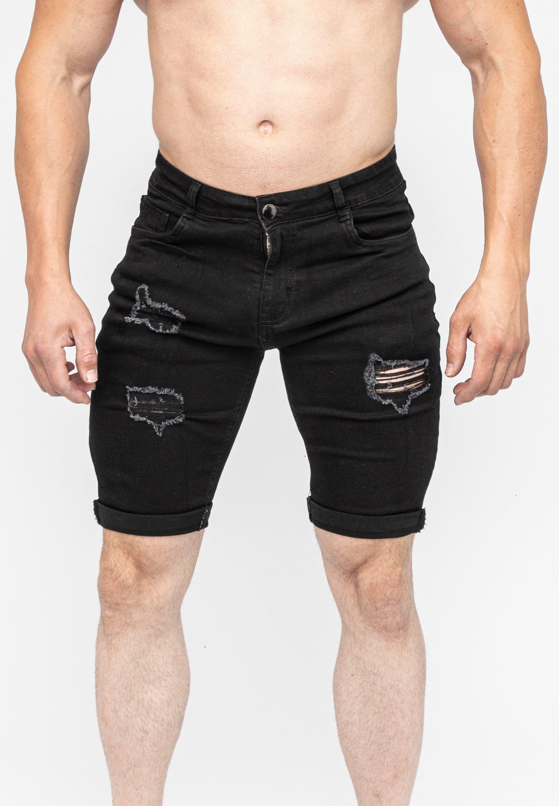 Men's Black Ripped Skinny Fit Stretch Jeans Denim Shorts Front