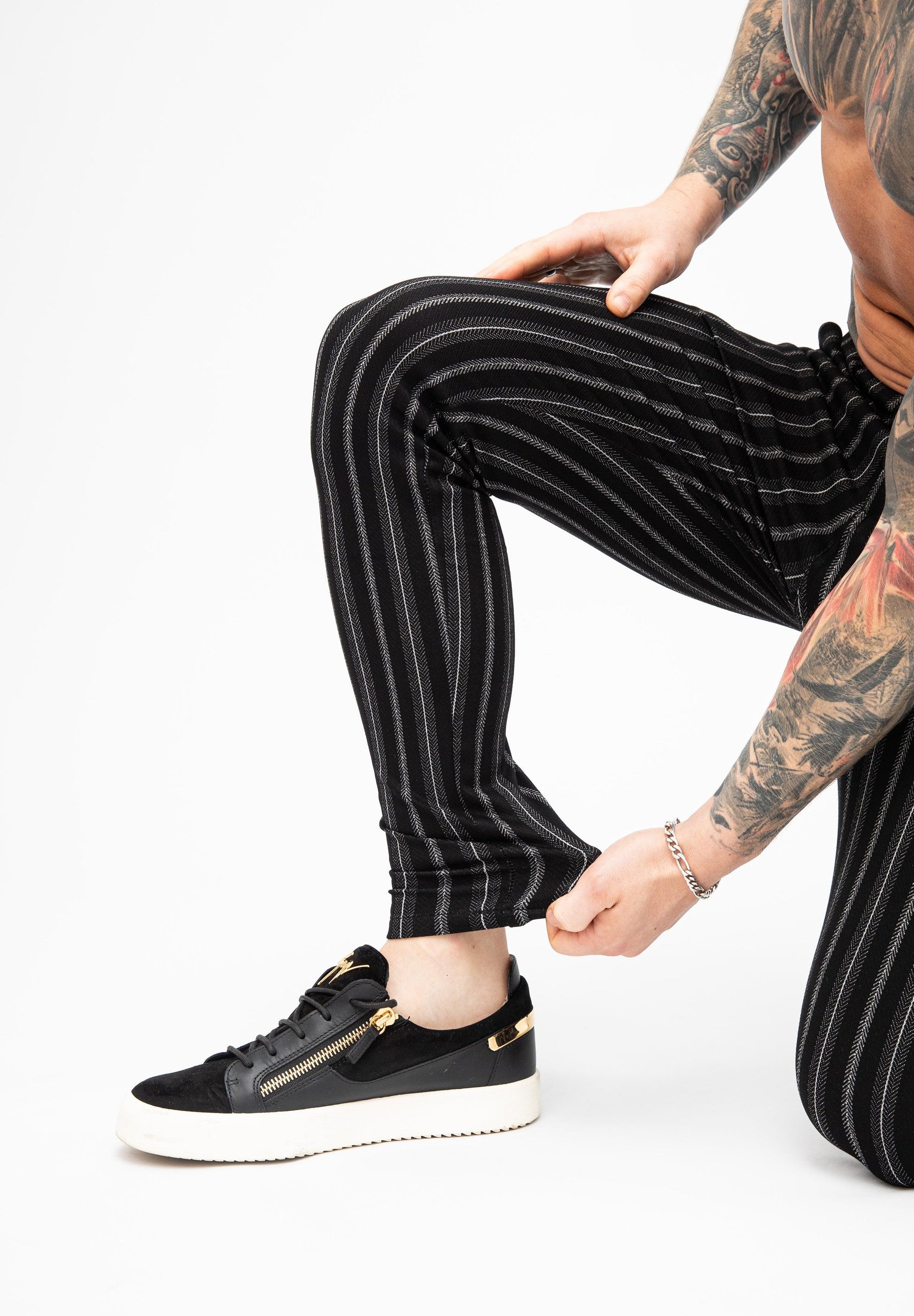 Men's Black Striped Skinny Fit Stretch Chino Pants Cuffed Ankles