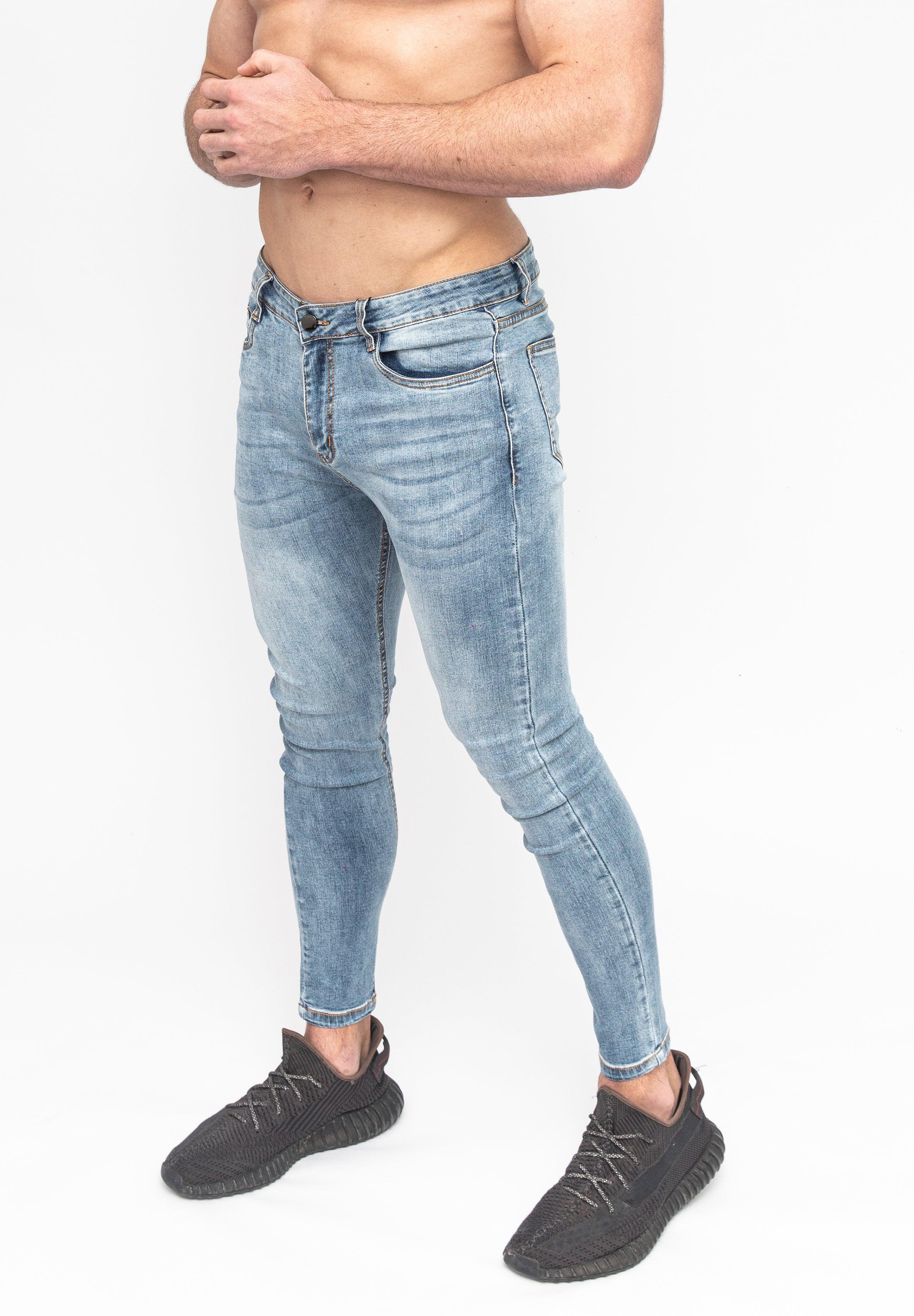 Men's Blue Skinny Fit Stretch Jeans Pants Angle