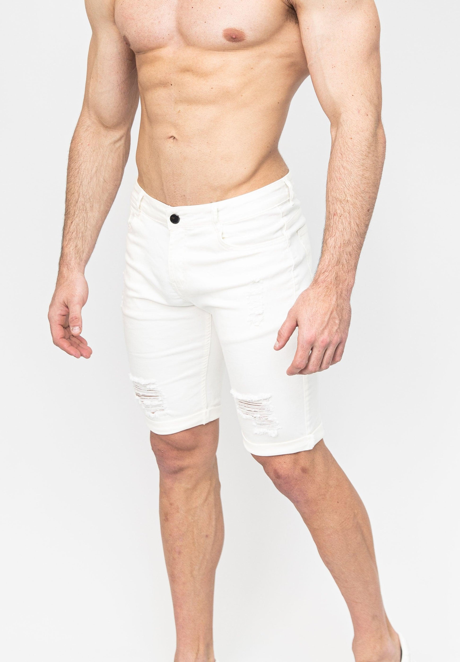 Men's White Ripped Skinny Fit Stretch Denim Jeans Shorts Pose