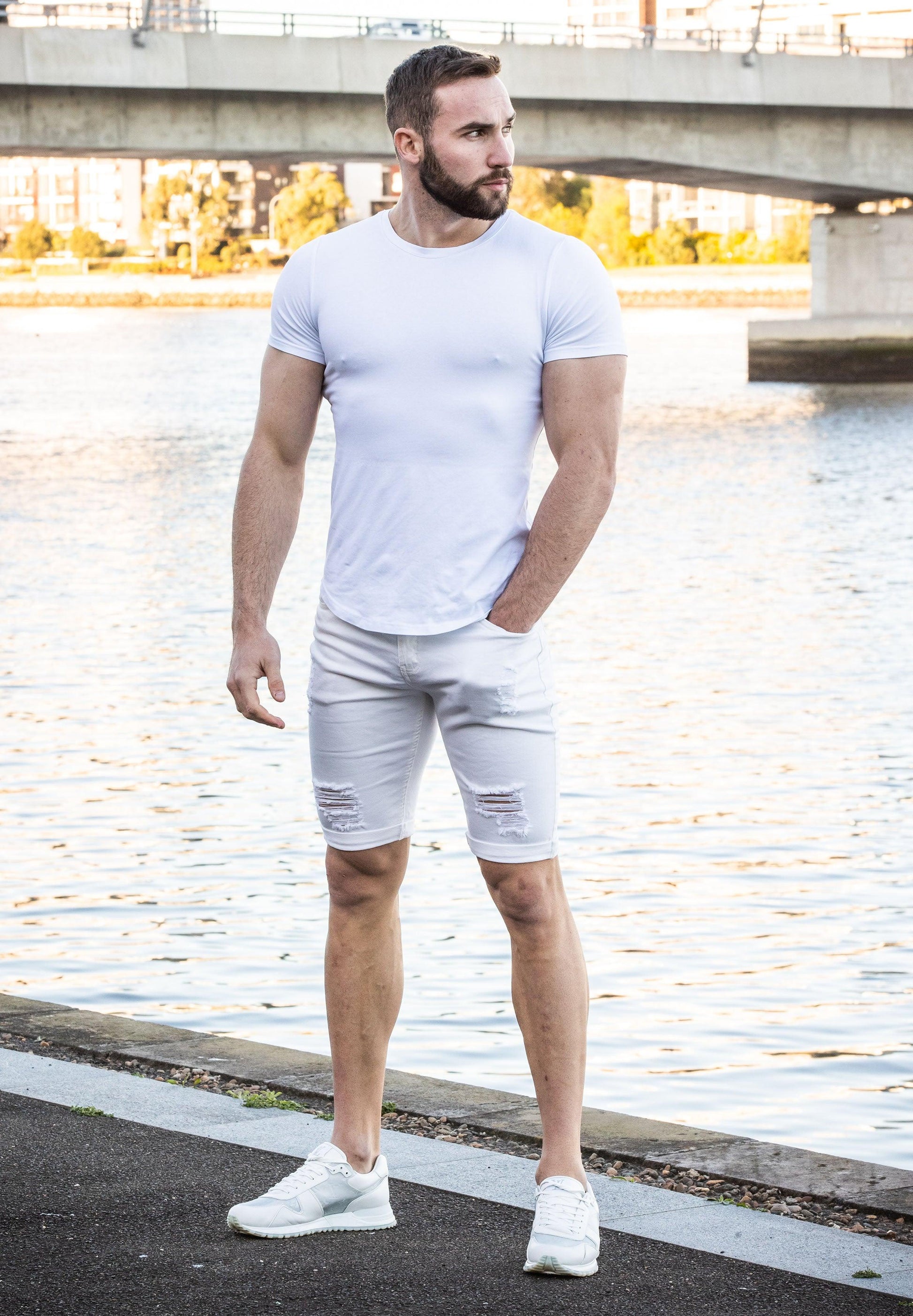 Men's White Ripped Skinny Fit Stretch Denim Jeans Shorts River