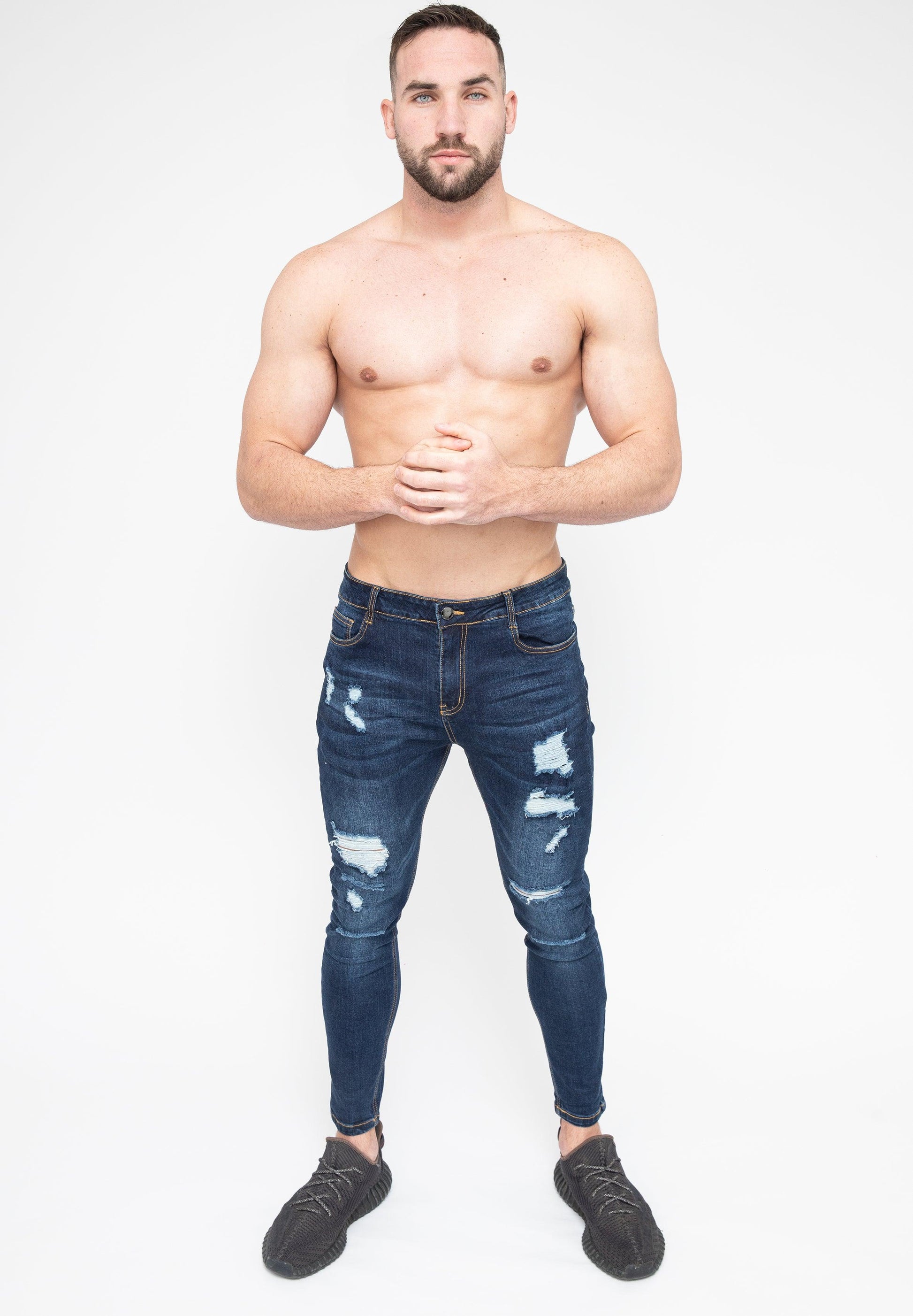 Men's Dark Blue Ripped Patched Skinny Fit Stretch Jeans Pants Front