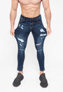 Men's Dark Blue Ripped Patched Skinny Fit Stretch Jeans Pants