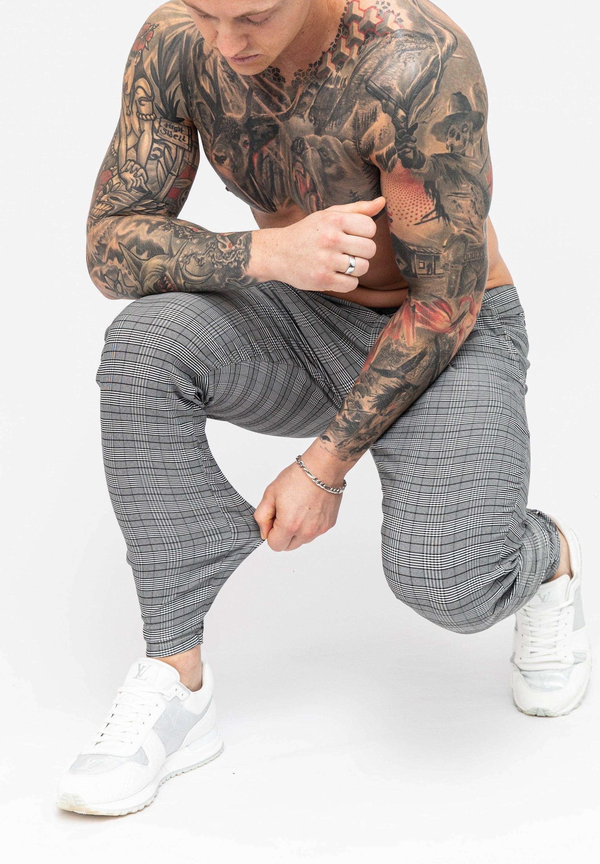 Men's Grey Check Pattern Skinny Fit Stretch Chino Pants Cuffed Ankles