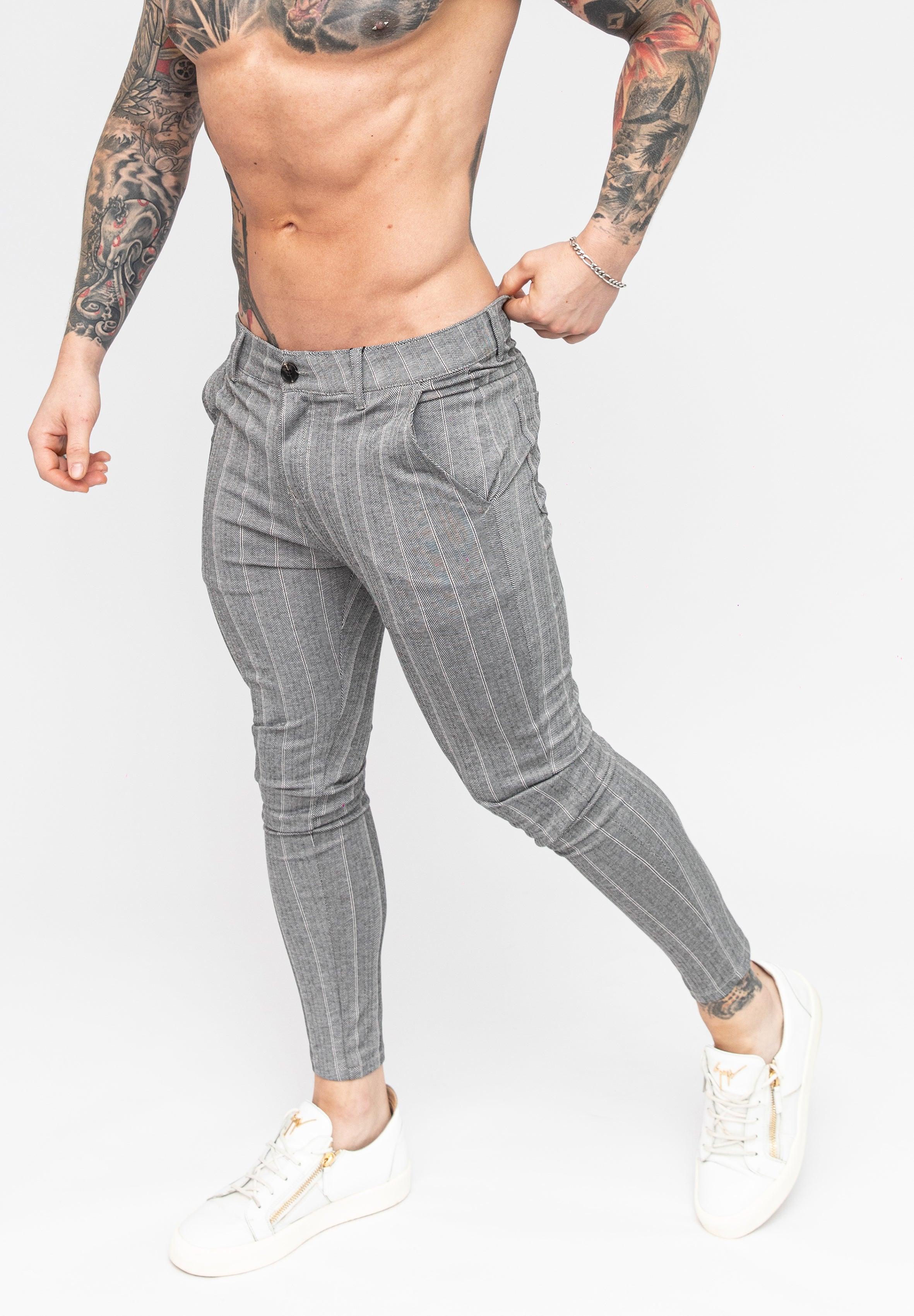 Men's Grey Striped Skinny Fit Stretch Chino Pants Angle