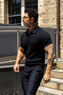 Ribbed Knit Silk Polo Shirt Black - Tailored Slim Fit - Don Milyon