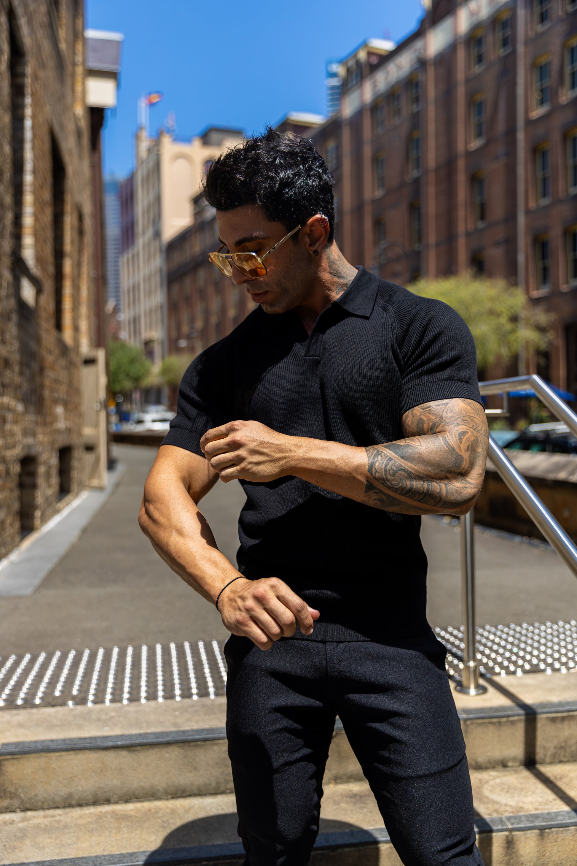 Ribbed Knit Silk Polo Shirt Black - Tailored Slim Fit - Don Milyon