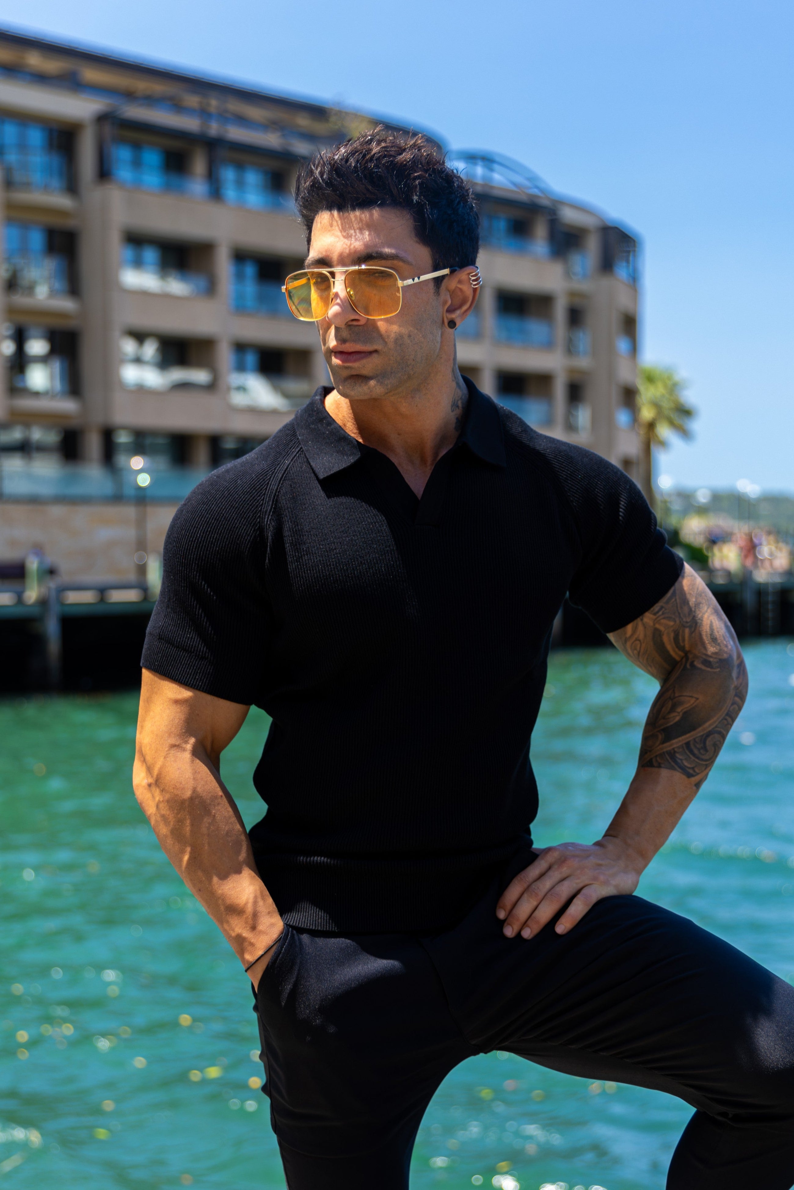 Ribbed Knit Silk Polo Shirt Black - Tailored Slim Fit - Don Milyon