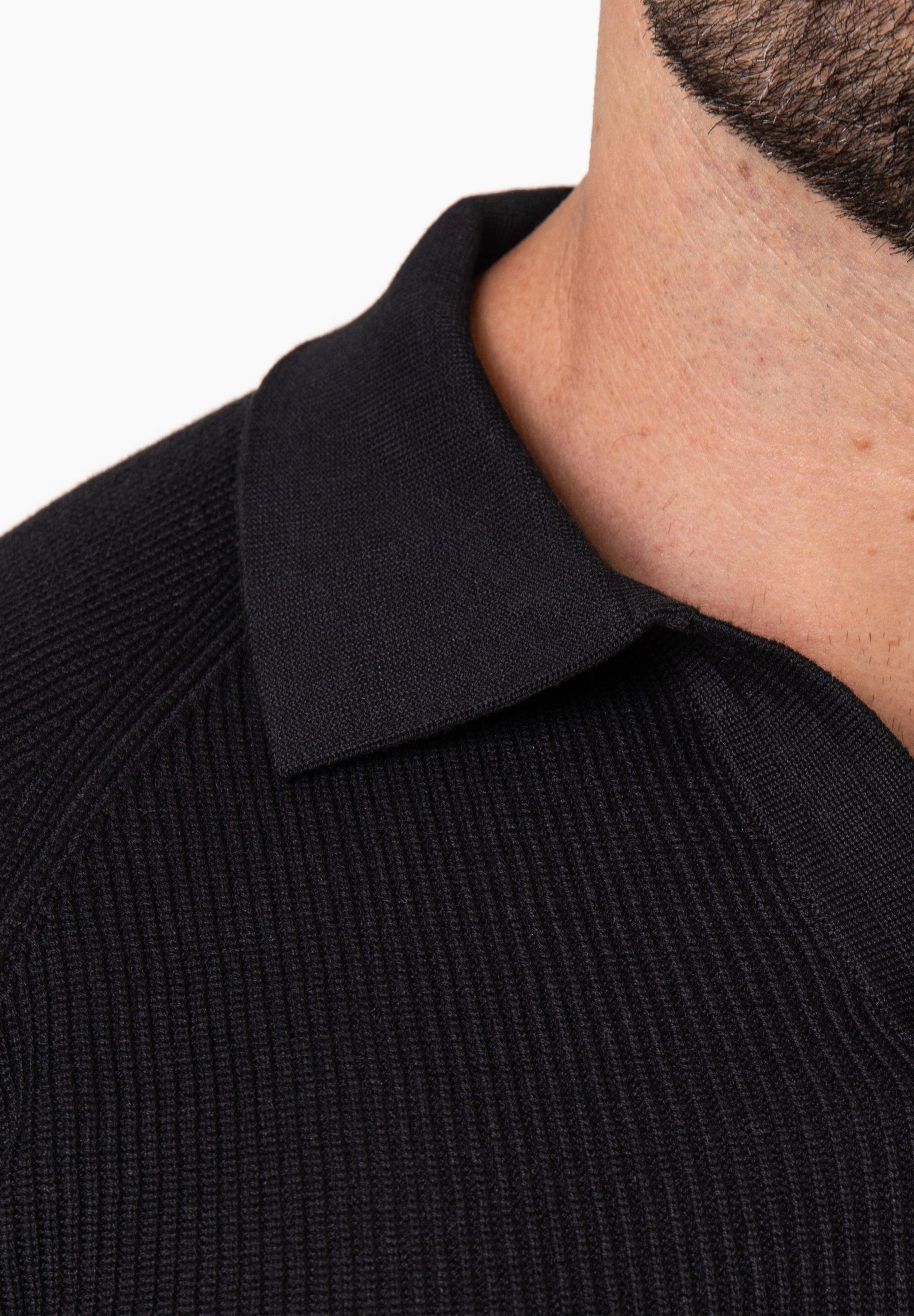 Ribbed Knit Silk Polo Shirt Black - Tailored Slim Fit - Don Milyon