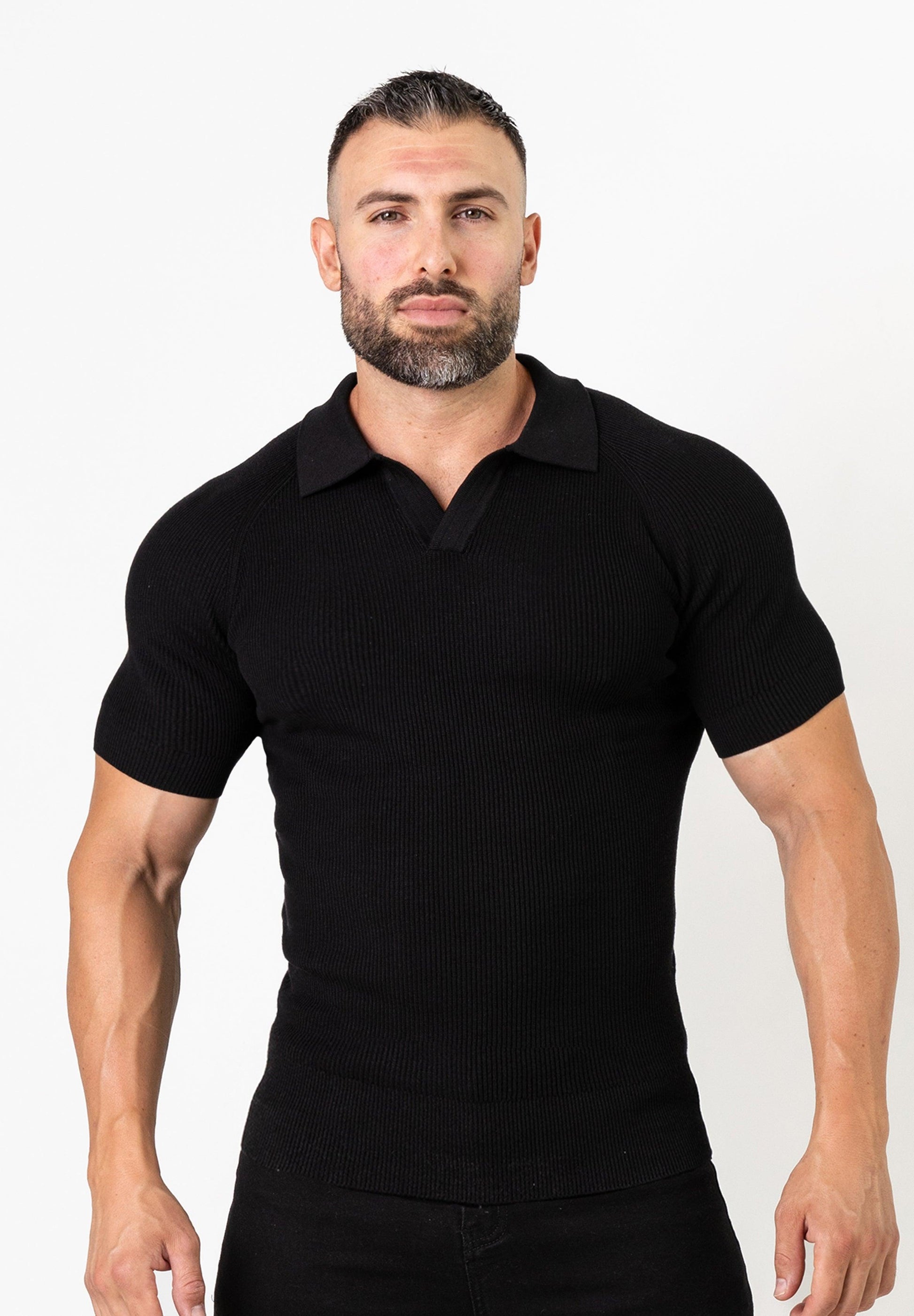 Ribbed Knit Silk Polo Shirt Black - Tailored Slim Fit - Don Milyon