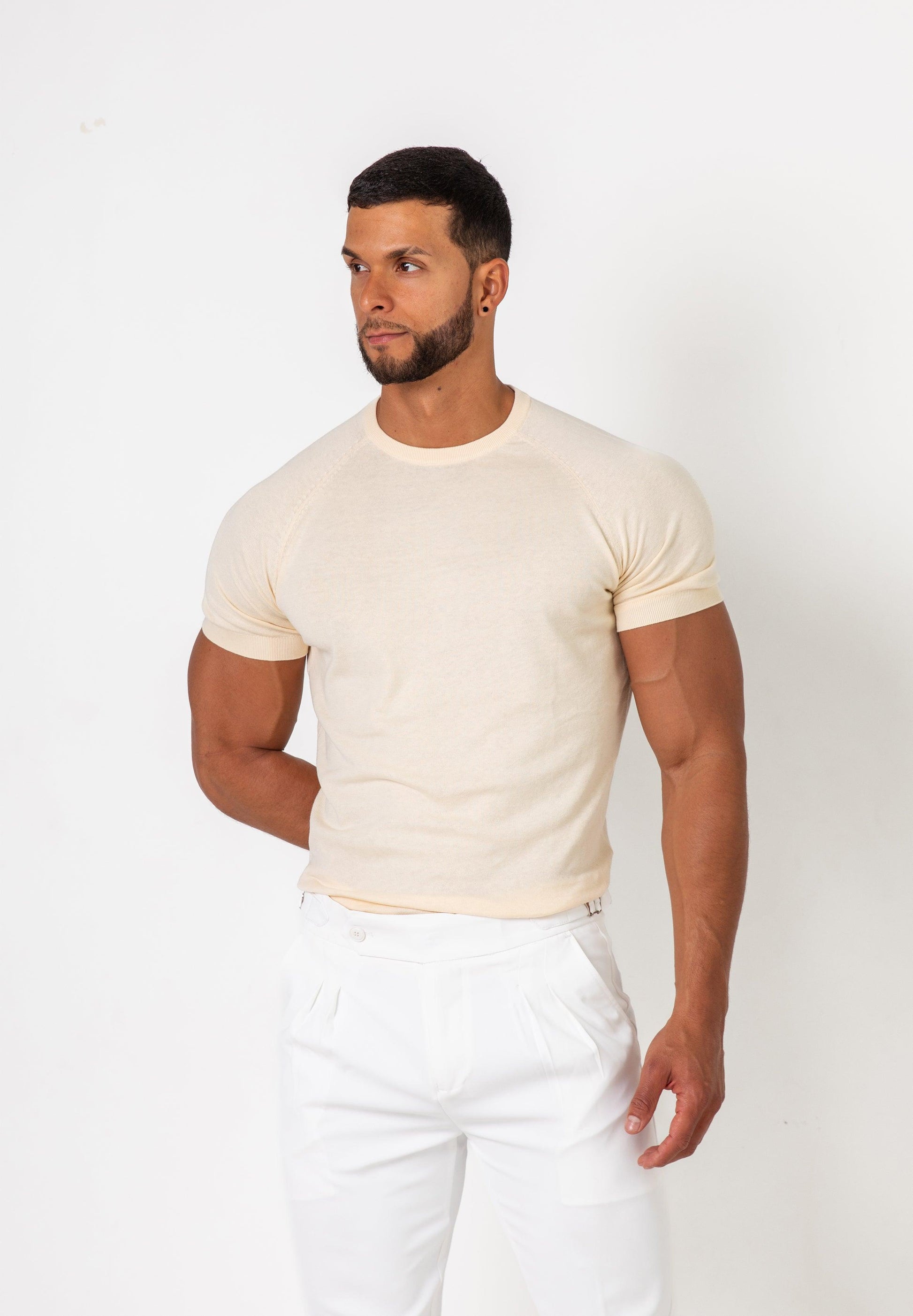 Knit Silk T-Shirt Cream - Tailored Slim Fit - Don Milyon